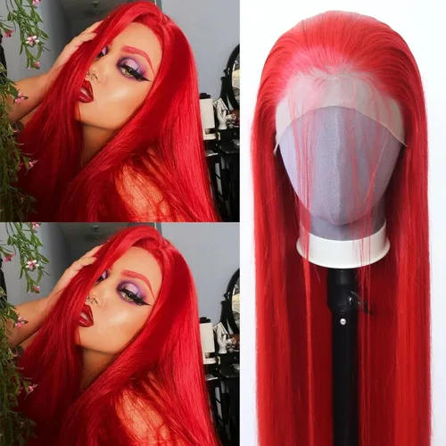 Vista 20 de 99J Peluca larga y lisa 99J color borgoña sintética con encaje frontal, predesfilada con línea de cabello natural para mujeres de moda, cabello