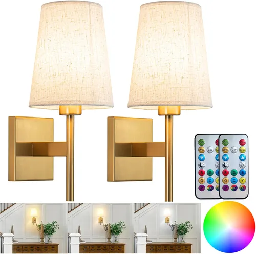 Vista 8 de YHCDLAMP Juego de dos apliques de pared que funcionan con pilas, luces de pared que funcionan con pilas con control remoto, lámpara de pared RGB