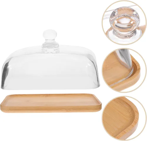 Vista 4 de Hemoton Plato de vidrio transparente para tartas con base de madera y cubierta de cúpula – 6.69 x 4.52 x 3.50 pulgadas, bandeja de postre
