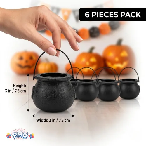 Vista 3 de PMU Caldero de Halloween 6 piezas de 3 pulgadas pequeño de bruja de plástico para caldero negro, para decoración de Halloween