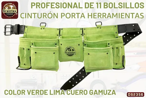 Vista 2 de Graintex Cinturón de herramientas de cuero de gamuza profesional de 11 bolsillos, bolsa de herramientas, color verde lima, cinturón de cuero/correa