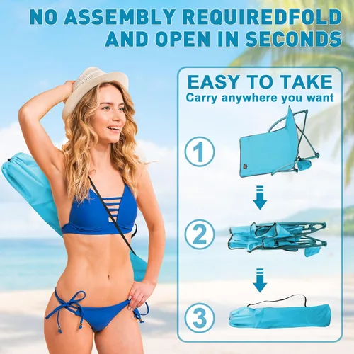Vista 5 de Paquete de 2 sillas bajas de playa, sillas reclinables plegables para adultos, sillas de camping ligeras de asiento bajo con soporte para tazas, Azul