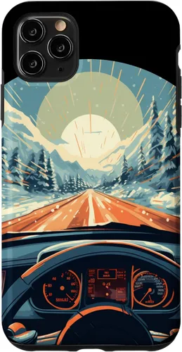 Vista 11 de iPhone 14 divertido operador de coche con puesta de sol y volante en caso de invierno