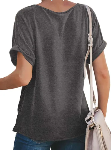 Vista 5 de Bofell Camisetas de manga corta enrolladas con cuello en V para mujer, blusas de verano con nudo frontal