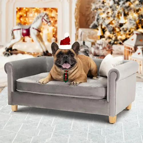Vista 7 de dCee Sofá cama de lujo para perros, sofá de cuero de lujo de 42 pulgadas para perros grandes, cojín de terciopelo lavable, marco de madera