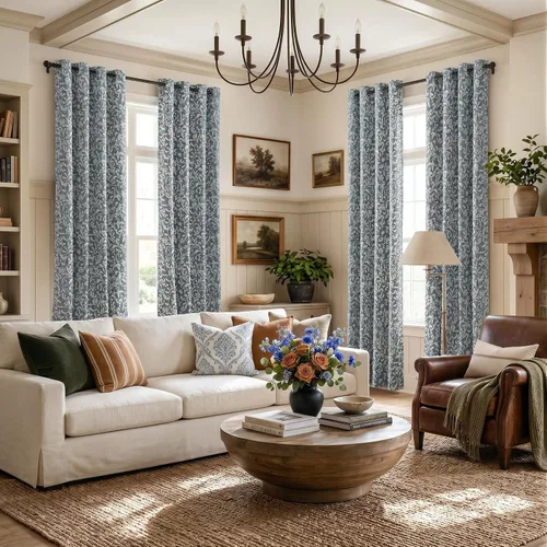 Vista 4 de jinchan Cortinas opacas para dormitorio, cortinas azules con estampado floral de volutas de 84 pulgadas de largo para sala de estar, cortinas