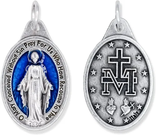 Vista 2 de Caritas et Fides Paquete de 5 colgantes de medalla milagrosa de 1 pulgada de plata oxidada azul milagrosa colgante para collar, medallas