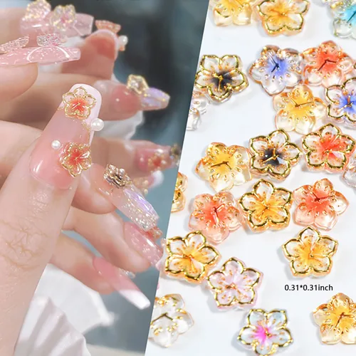 Vista 2 de 50 dijes de uñas acrílicas 3D coloridas con borde dorado, resina esmaltada, para uñas, pétalos, arte de uñas, dijes florales para mujer, arte de uñas