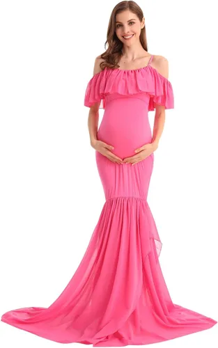 Vista 8 de MYRISAM Vestido de maternidad con volantes y hombros descubiertos para mujer, vestido de fiesta de sirena de gasa, vestido ajustado
