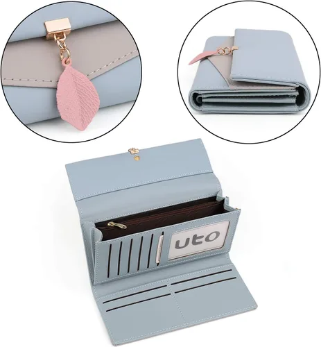 Vista 85 de UTO - Cartera pequeña RFID de piel sintética con dije de hoja, cierre de cremallera y tarjetero.