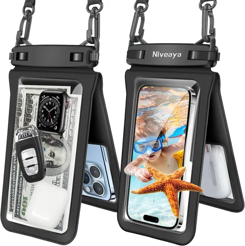 Vista 22 de Niveaya Bolsa impermeable para teléfono con doble espacio - 2 unidades, funda impermeable con cordón para iPhone 16/15/14/13/12 Pro Max hasta 8.3