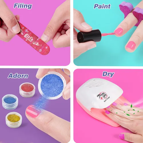 Vista 5 de Juego de spa de pies y uñas para niños, kit de día de spa para niñas, bañera de masaje de pies y secador de uñas, juguetes de manicura, pedicura
