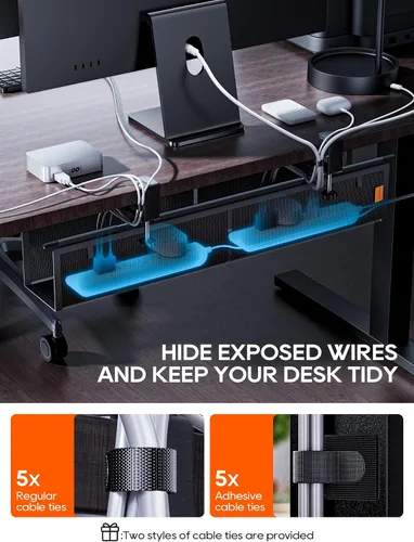 Vista 5 de Bandeja de organización de cables para debajo del escritorio, sin taladro, bridas incluidas, material de lona ecológico, diseño de malla
