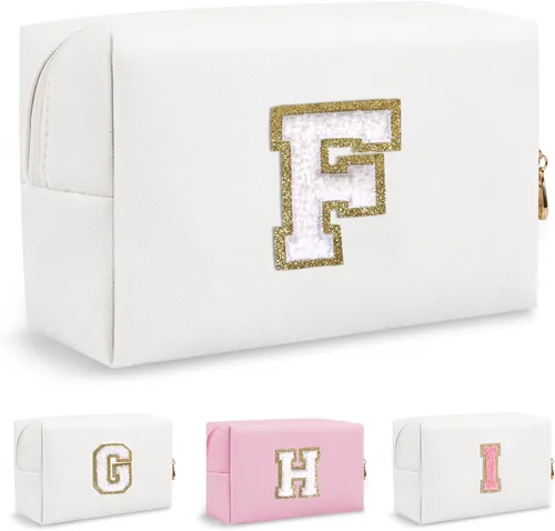 Vista 9 de Biileen Bolsa de Maquillaje Preppy Personalizada con Inicial Pequeña Bolsa de Viaje Linda con Letra de Chenilla, blanco-1, F