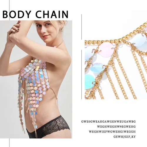 Vista 5 de Yovic Cadena de cuerpo bohemio con lentejuelas doradas, cadenas de cintura sexy con borlas, cadena de barra de borla para rave, club nocturno