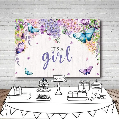 Vista 5 de MEHOFOTO - Cartel de fondo de cabina de estudio fotográfico con texto en inglés "It's A Girl" con diseño de mariposa para baby shower, baby shower