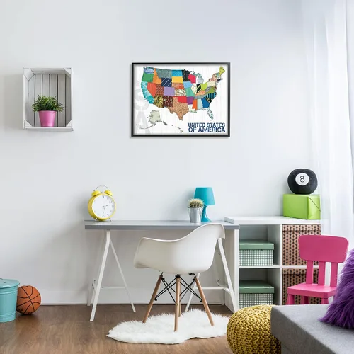 Vista 2 de Stupell Industries Mapa de Estados Unidos de América con bordes acolchados, diseñado por Lauren Gibbons - Arte de pared enmarcado negro, 24 x 30