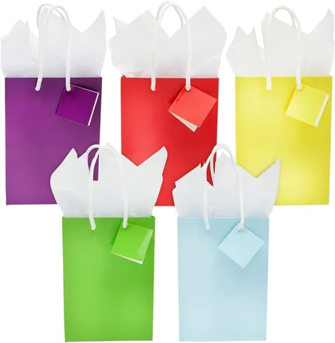 Vista 7 de BLUE PANDA Paquete de 20 bolsas de regalo pequeñas de papel con asas, bolsas de regalo de 5.5 x 2.5 x 7.9 pulgadas con 20 hojas de papel de seda