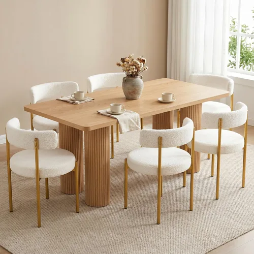 Vista 12 de Juego de 2 sillas de comedor Boucle, sillas de comedor beige con asiento tapizado y respaldo redondo, sillas de cocina modernas de mediados de siglo