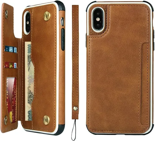 Vista 11 de iCoverCase Compatible con iPhone X/XS Wallet Funda para teléfono con tarjetero y correa para la muñeca de piel sintética con función atril a prueba