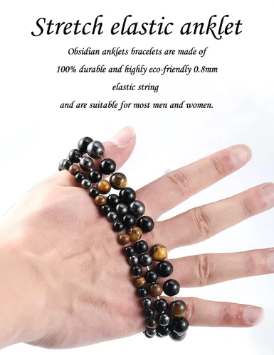 Vista 4 de Dodocatie Pulseras tobilleras de obsidiana negra para mujeres y hombres 3 piezas tobillera turmalina cristales de piedras preciosas naturales