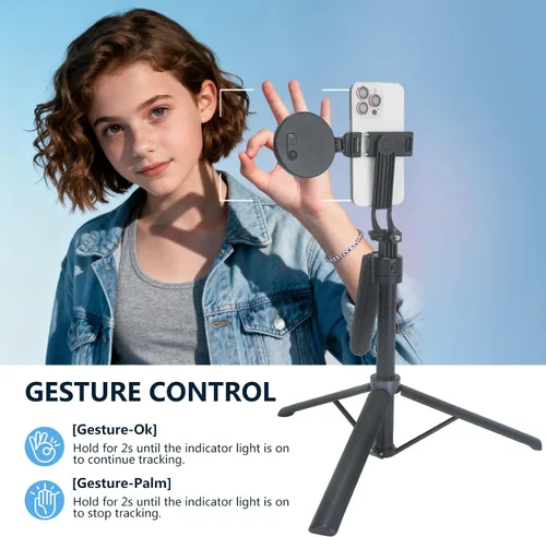 Vista 3 de Soporte de Trípode para Teléfono con Seguimiento Automático de Rostro Extensible, Compatible con Android/iPhone, Palos para Selfies con Rotación