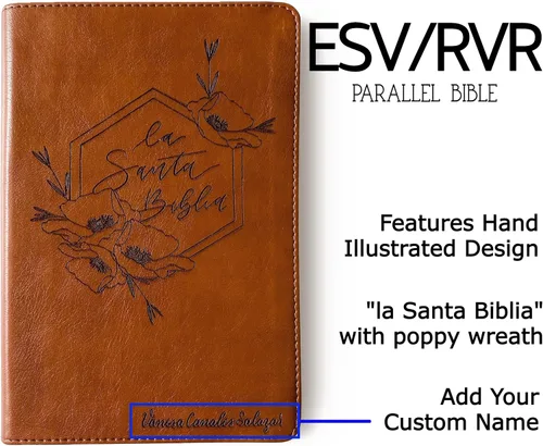 Vista 4 de Biblia paralela en español/inglés (RVR/ESV) con letras a mano y grabadas con láser, marrón, incluye opción para agregar nombre grabado, regalo