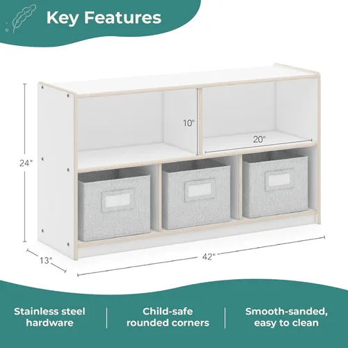 Vista 2 de Guidecraft EdQ - Almacenamiento de 5 compartimentos de 24 pulgadas, color blanco con 3 contenedores de tela: estantería multiusos de madera
