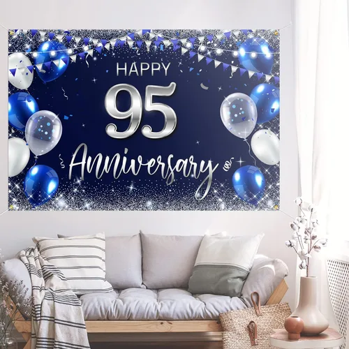 Vista 5 de Cartel de fondo de feliz 95 aniversario, decoración plateada con purpurina de 95 años, decoración temática de fiesta de aniversario de boda