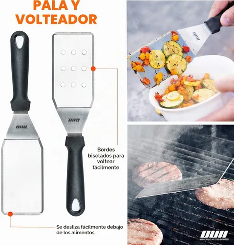 Vista 5 de Accesorios de plancha plana para parrilla Blackstone y Camp Chef - Juego de 9 piezas con kit de limpieza de plancha y bolsa de transporte. Espátula