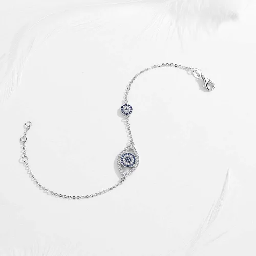 Vista 5 de Kaletine Blue Evil Eyes Link Bracelet Sterling Silver 925 Cubic Zirconia Chain Adjustable 67 7 75