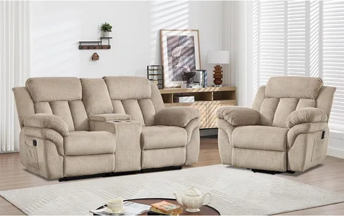 Vista 17 de CANMOV Juego de sofá reclinable, sofá biplaza reclinable manual y sofá de 3 plazas con reposabrazos sobrerelleno para sala de estar, muebles de Gris