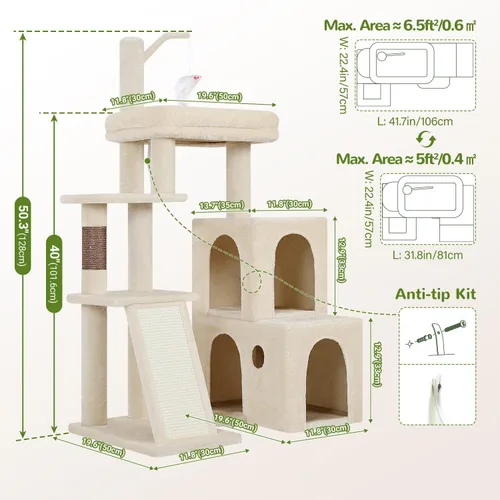 Vista 6 de Globlazer F50 Torre para Gatos para Gatos Adultos de Interior, Árbol para Gatos Resistente de 50 Pulgadas para Gatos Grandes, Casa de Árbol