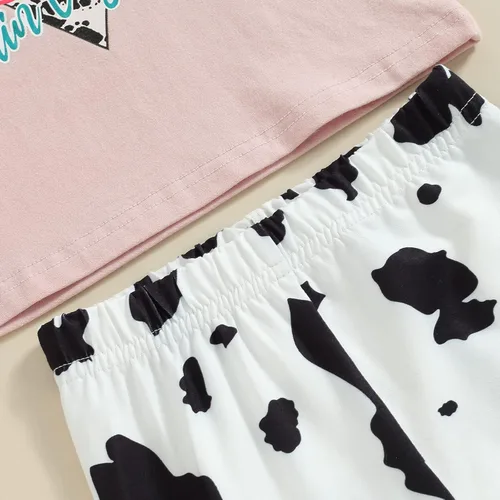 Vista 34 de fhutpw Conjunto de camiseta de manga corta con estampado de vaca y pantalones acampanados de dibujos animados para niñas