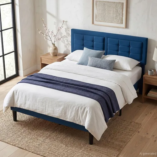 Vista 4 de VECELO Base de cama tamaño matrimonial, cabecera tapizada ajustable con botones, marco de cama resistente con soporte de listones de madera,