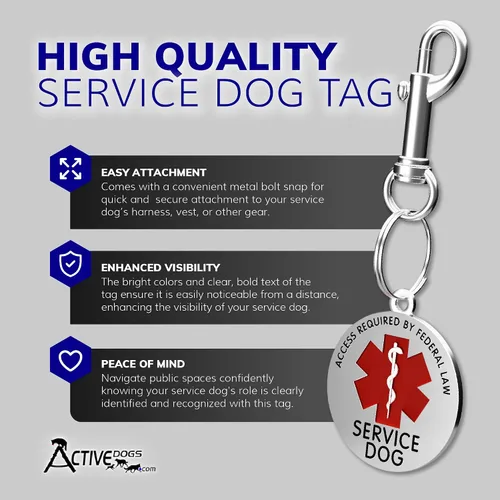 Vista 2 de ActiveDogs - Identificación para perro de servicio, etiqueta de alerta médica para collar, chaleco o arnés, requiere acceso ADA de doble cara, cromo