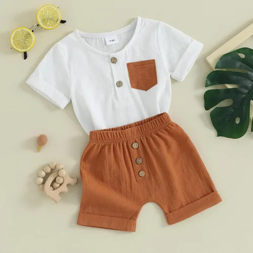 Vista 80 de Conjunto de ropa casual de manga corta con botones y pantalones cortos de lino para bebés y niños pequeños