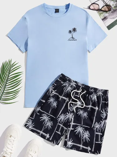 Vista 69 de GORGLITTER Conjunto de 2 piezas de camiseta gráfica de manga corta para hombre, estampado hawaiano con cordón y pantalones cortos