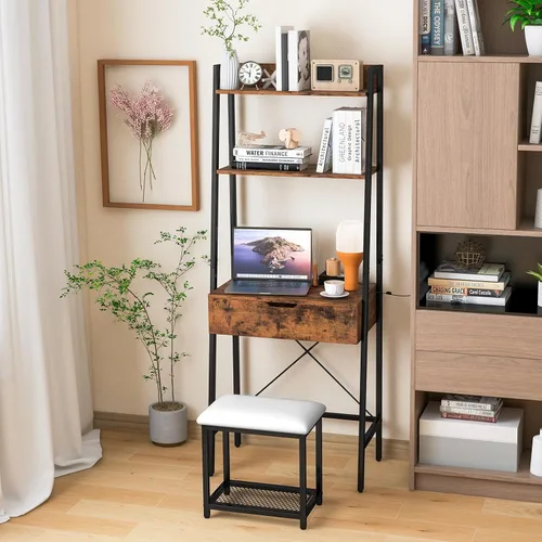 Vista 8 de GOFLAME Juego de mesa de tocador con espejo abatible, escritorio de tocador de escalera y taburete acolchado con estantes y compartimentos