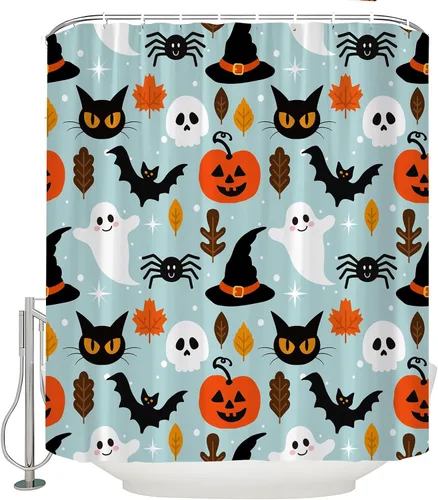 Vista 5 de Cortina de ducha azul de Halloween, linda cortina de baño de fantasma, terror, calabaza, espeluznante, gato negro, calavera aterradora, murciélago