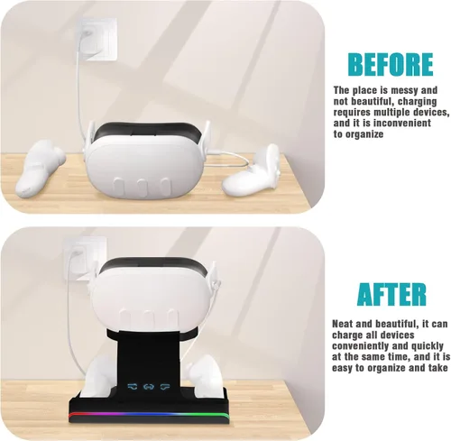 Vista 6 de Charging Dock for Meta Quest 3, Magnetic Charging Stand for Oculus Quest 3 VR Headset & Controllers, with 2 Rechargeable 1800mAh Batteries, USB-C