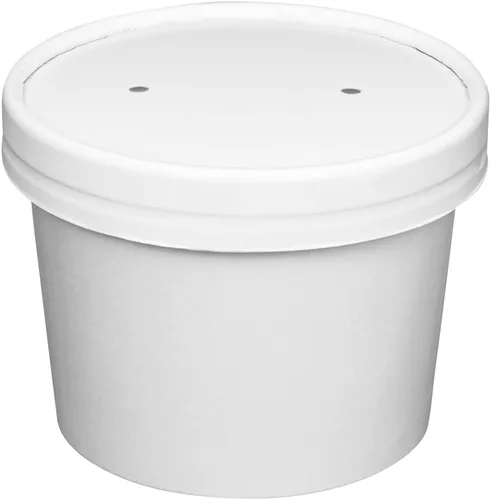 Vista 2 de GUSTO Recipientes de papel blanco de 8 onzas con tapas ventiladas [25 unidades] Tazones de sopa To Go, tazas de helado desechables, ideales