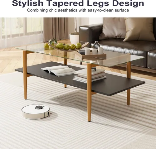 Vista 4 de Furnify Mesa de centro de cristal, mesa central rectangular para sala de estar con patas doradas, mesas decorativas modernas de mediados de siglo