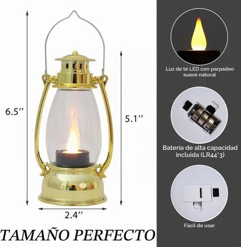Vista 6 de Mini linternas LED pequeñas de 6 piezas de luces LED doradas decorativas para interiores y exteriores, faroles de vela colgantes para granja, bodas