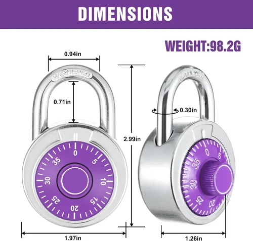 Vista 3 de Candado combinado, 1.969 in, esfera morada, paquete de 1 Esfera fija con diferentes combinaciones, para gimnasio y casillero, escuela, caja