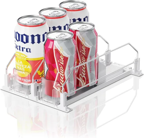 Vista 25 de Organizador de Bebidas para Refrigerador, 12oz 16oz 20oz - Dispensador de Latas de Refresco para Refrigerador, Ancho Ajustable, Deslizador Negro