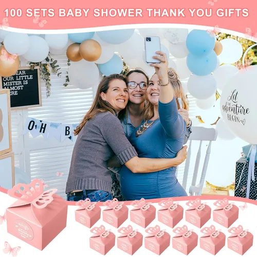 Vista 7 de Fulmoon 100 cajas de regalo de mariposa para baby shower, cajas de regalo de mariposa rosa, caramelo rosa, regalo de baby shower con 100 etiquetas