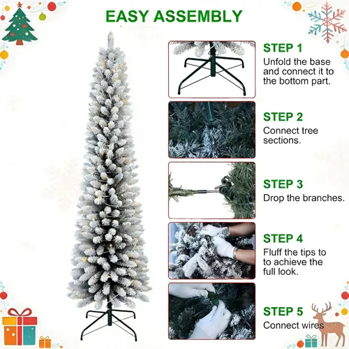 Vista 8 de Árbol de Navidad artificial de 5 pies con lápiz, para el hogar, oficina, decoración de vacaciones, árbol flocado blanco para espacios pequeños