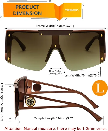 Vista 4 de FEISEDY Gafas de sol para mujer, de gran tamaño, cuadradas, con parte superior plana, para hombre, B4060
