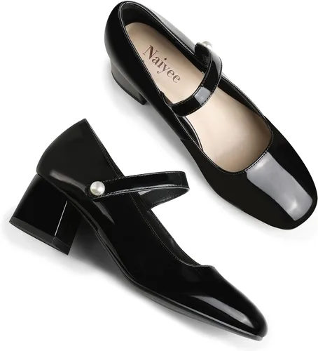 Vista 5 de Naiyee Mary Jane Shoes - Zapatos de vestir con correa de tobillo y tacón grueso para mujer, zapatos de tacón bajo con punta redondeada